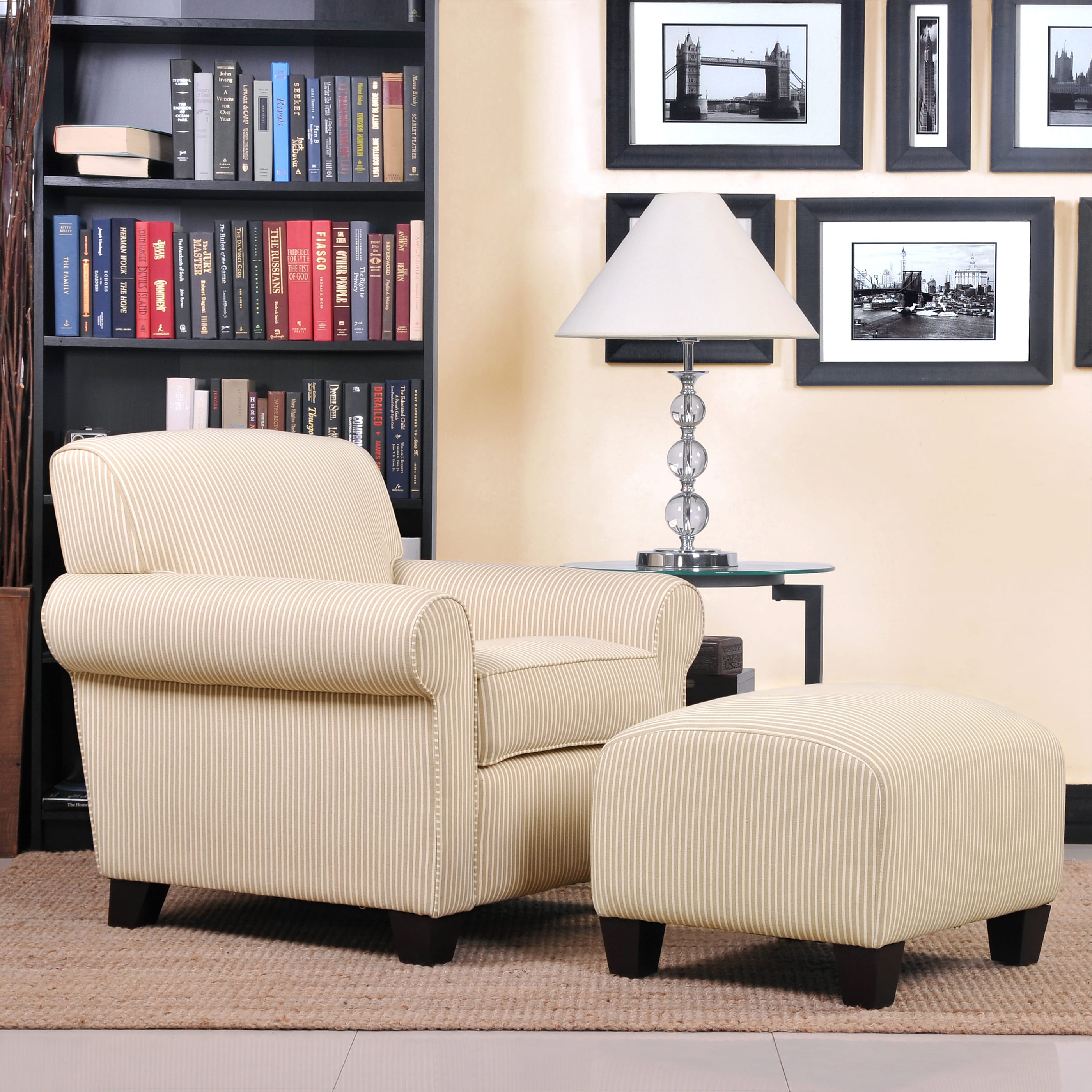 Portfolio Mira Sand Stripe Transitional Arm Chair And Ottoman