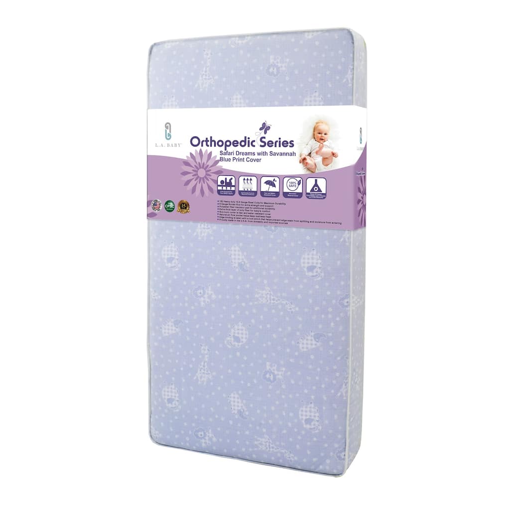 LA Baby Safari Dreams Crib Mattress with Savannah Blue Print Cover