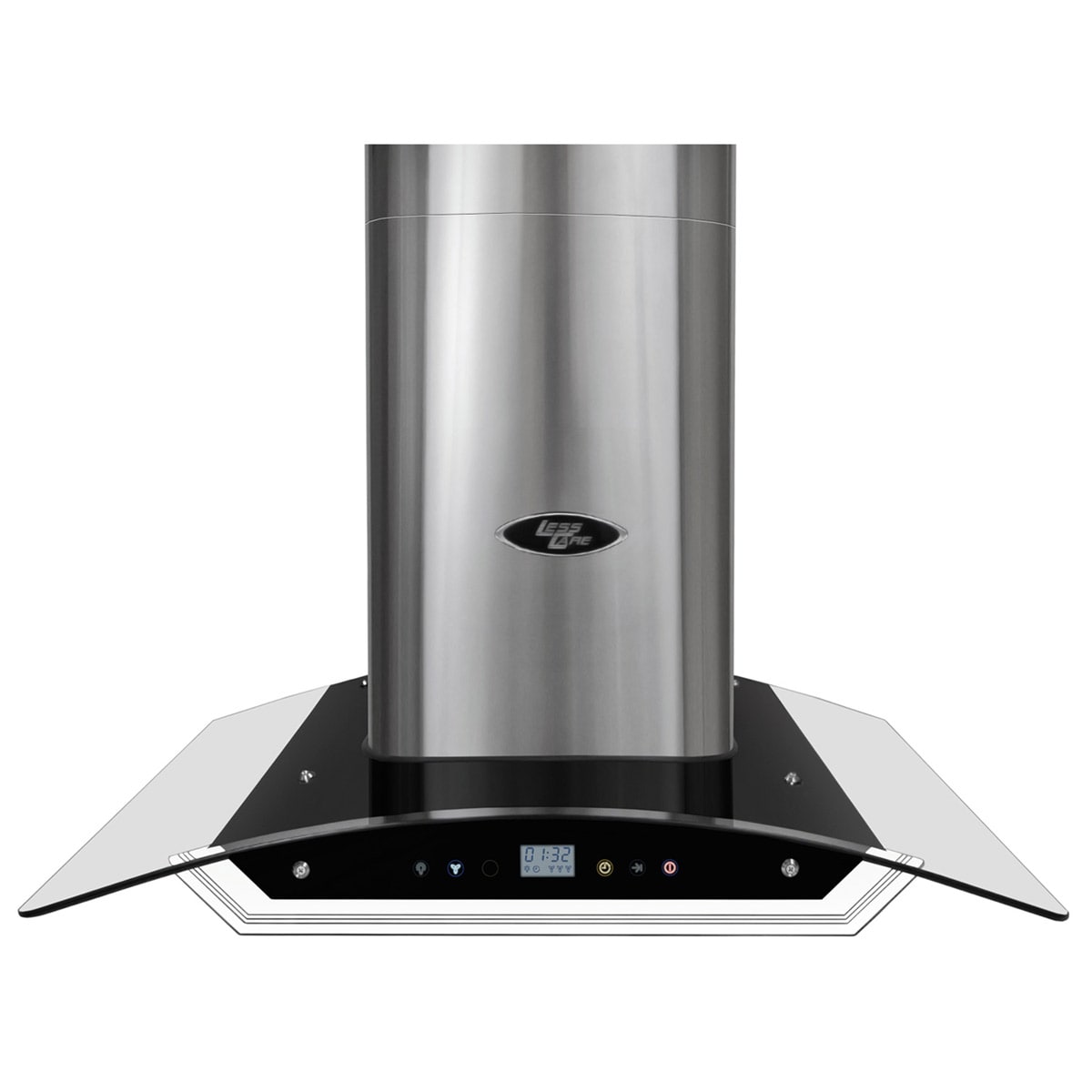 Lesscare Lh2 Range Hoods Wall Mount (Grey (stainless steel)Finish Stainless steel hood and glass canopyMaterial Stainless steel and glass Overall Dimensions 30 in. H x 22 in. W x 25 in. LSettings Time (24hrs format), 3 speeds selection, LED light, tou