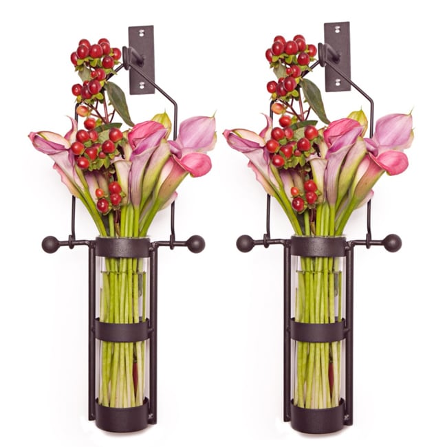 Wall Mount Hanging Glass Cylinder Vase Set With Metal Cradle And Hook (Black iron, clear glassMaterials Iron and glass Decorative/Functional FunctionalHolds waterDimensions 15.5 inches high x 7 inches wide x 2.5 inches deep each )