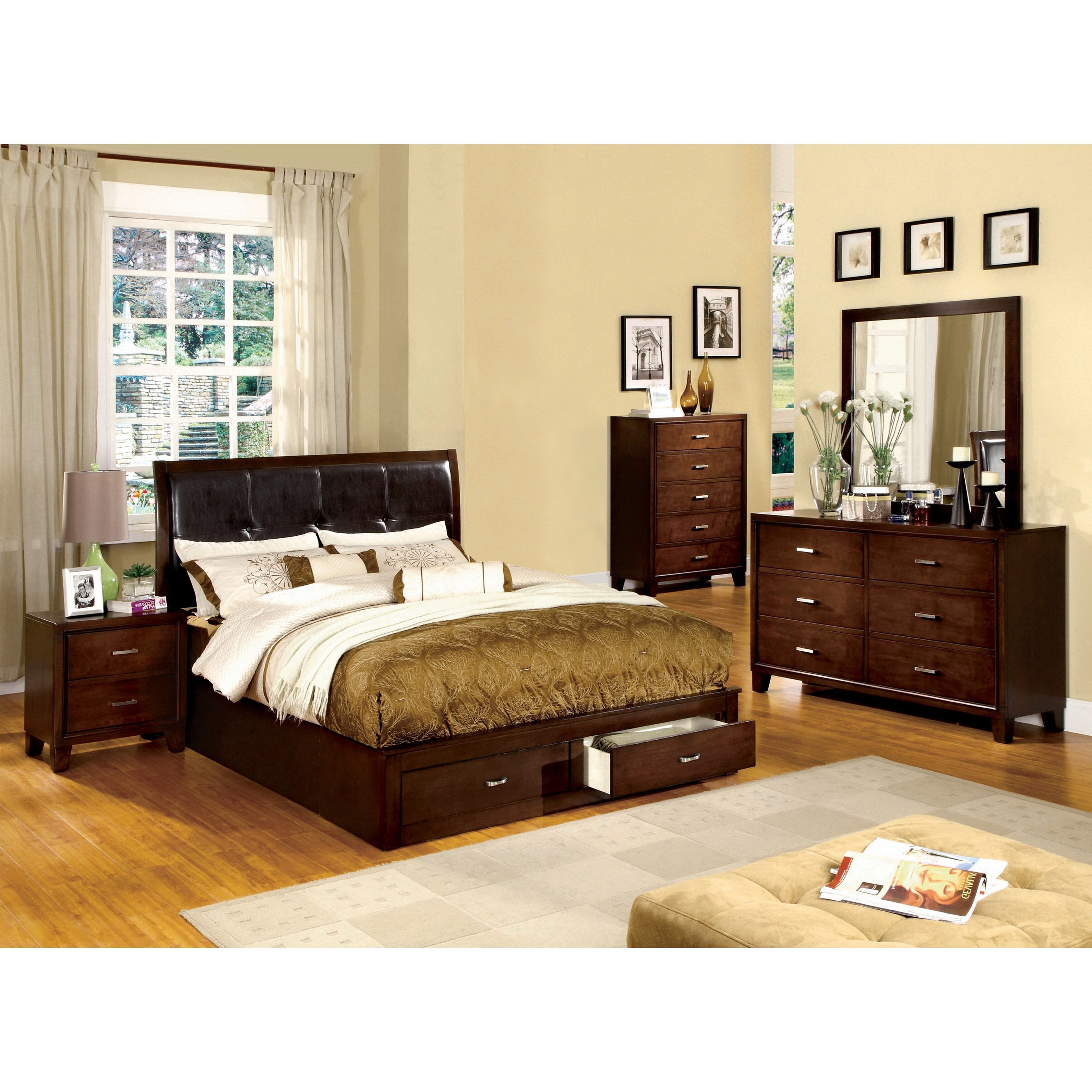 Furniture Of America York Brown Cherry Finish 5 piece Queen size Bed Set (QueenWood finish Brown cherryPlatform bed features a generously padded leatherette headboardButton tuft design on headboard upholsteryBed drawers Two (2) drawers on bed railNights