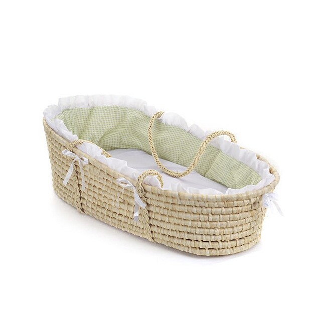 Shop Natural Moses Basket with Sage Gingham Bedding Free Shipping