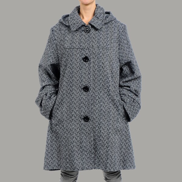 Women's Plus Size Black/ White Hooded Wool-blend Swing Coat