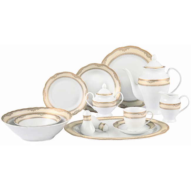 Lorenzo Isabella Porcelain 57 Pc Dinnerware Set (gold Border) (white with gold MaterialPorcelain Dishwasher Safe 57 piece set includes8 10.5 Dinner plates 8 8.5 bowls 8 7.5 salad plates 8  7ounce cups 8  Saucers 8 5.5 Fruit/cereal bowls 1 14 Oval Platte