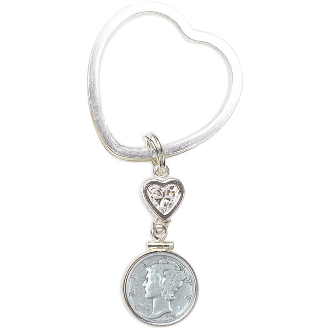 American Coin Treasures Sterling Silver Mercury Dime Coin Heart Keychain