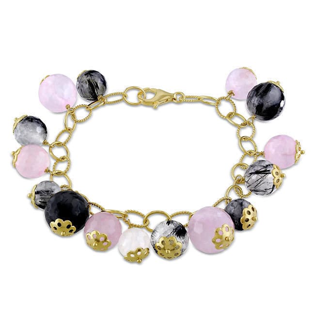 Miadora Yellow-Plated Silver Rose and Black Rutilated Quartz Charm Bracelet