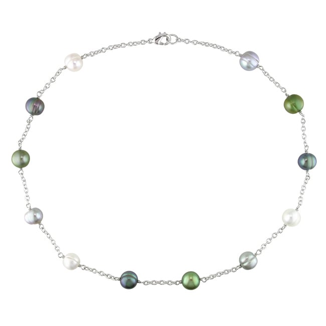 Miadora Silvertone Multi-colored Pearl Necklace (8-9 mm)