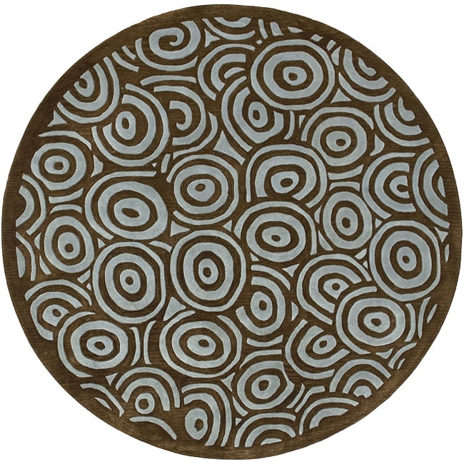 Hand tufted Contemporary Blue/brown Circles Celestial New Zealand Wool Abstract Rug (8 Round)