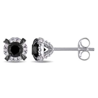 Miadora 10k White Gold 1ct TDW Black and White Diamond Halo Earrings