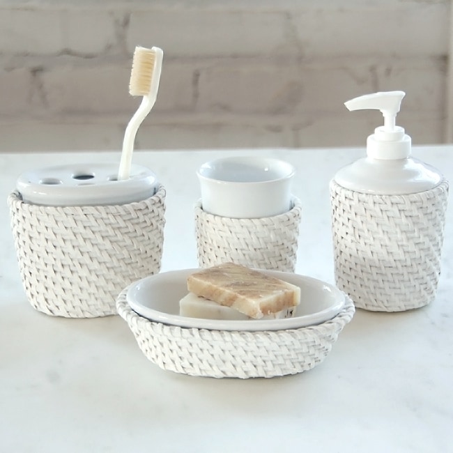 Cayman White Rattan/ceramic insert Bath Accessory 4 piece Set