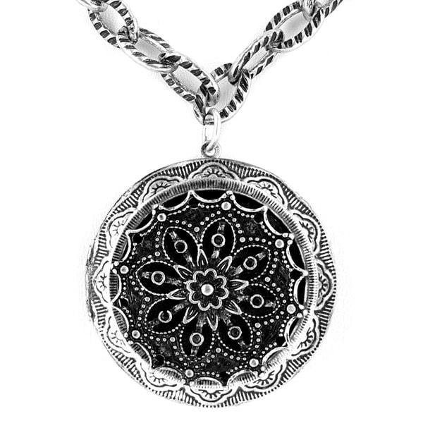 Antiqued Large Oxidized Silver Locket with Mirror Pendant Necklace