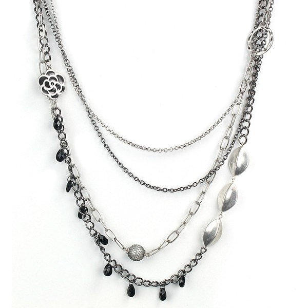Silvertone Black Enamel Flowers Multi strand Layered Necklace West Coast Jewelry Fashion Necklaces