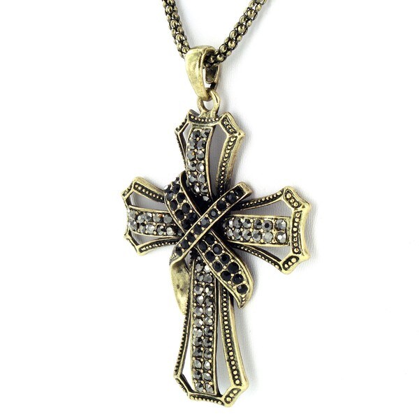 Large Goldtone and Black Crystal Cross Pendant Necklace Free Shipping