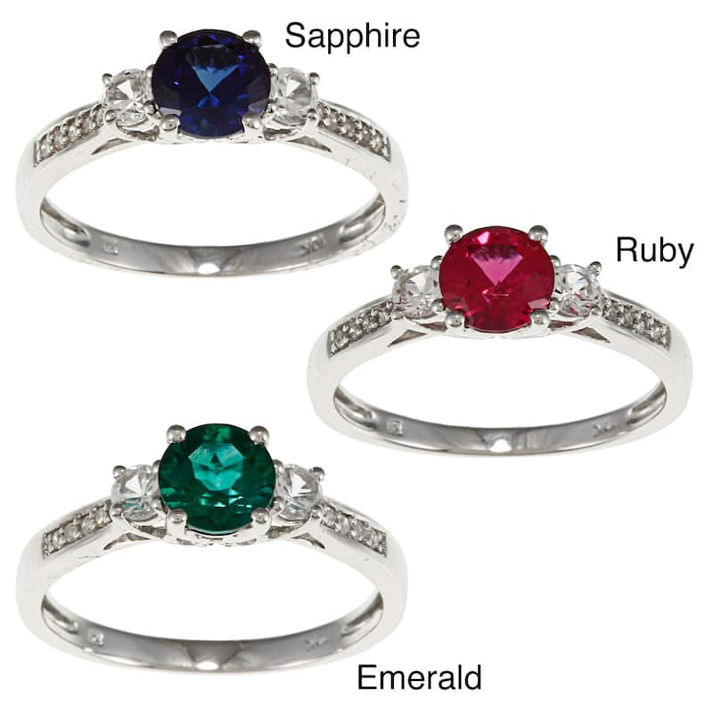 Miadora 10k White Gold Created Gemstone and Diamond Three-Stone Ring (H-I, I2-I3)