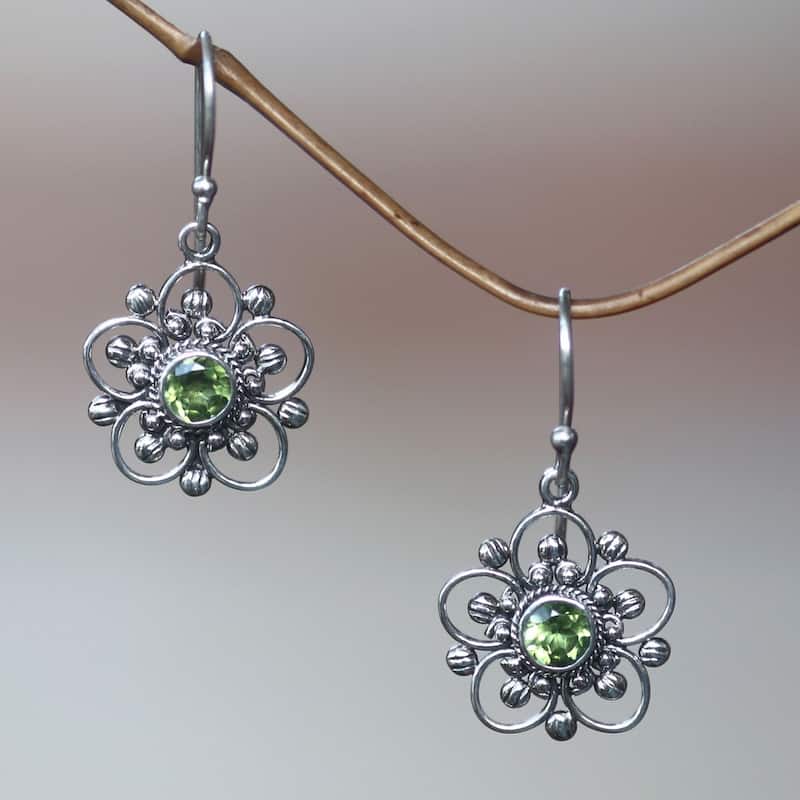 NOVICA Nature's Gift Artisan Handmade Women's Clothing Accessory Sterling Silver Green Peridot Flower Dangle Drop Earrings