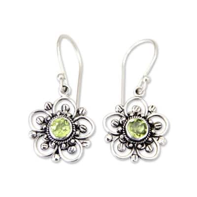NOVICA Nature's Gift Artisan Handmade Women's Clothing Accessory Sterling Silver Green Peridot Flower Dangle Drop Earrings