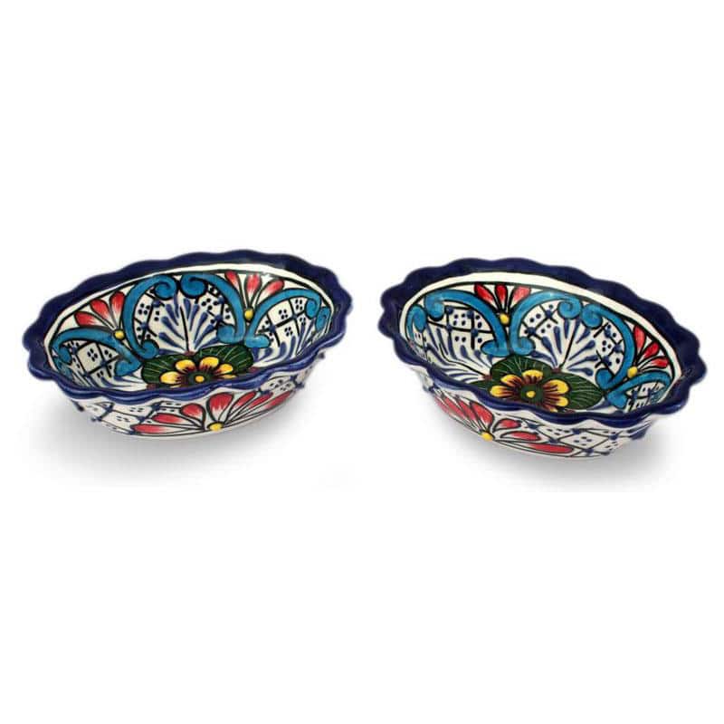 Handmade Set of 2 Ceramic 'Daisy Stars' Talavera Bowls (Mexico)