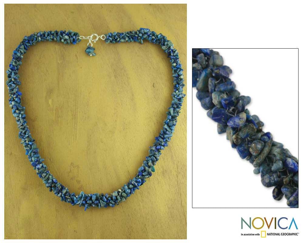 Handmade Sterling Silver 'Mermaid Song' Lapis Lazuli Beaded Necklace (India)