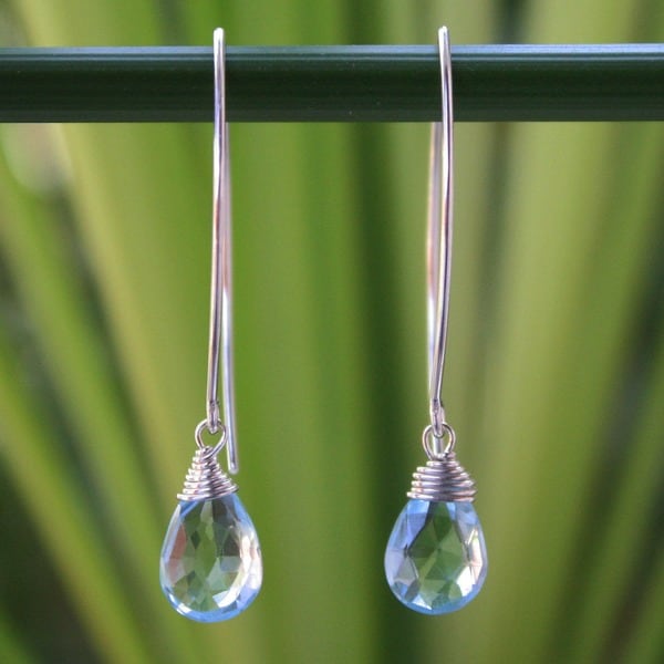 Handmade Sublime Siam Faceted Blue Topaz Drops with 925 Sterling Silver Wrap Setting Womens Dangle Earrings (Thailand)