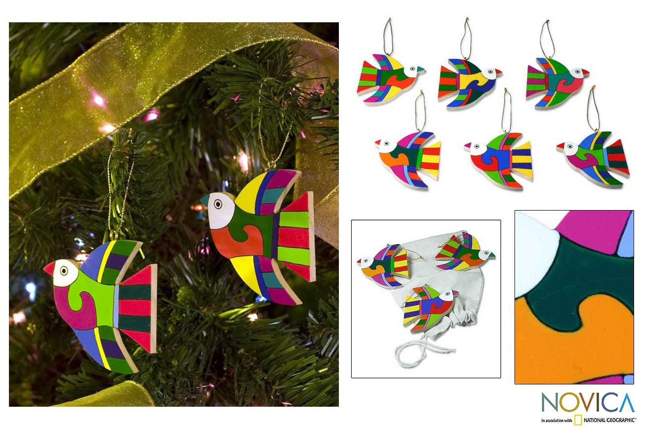 Handmade Songbird Pinewood Ornaments, Set of 6 (El Salvador)