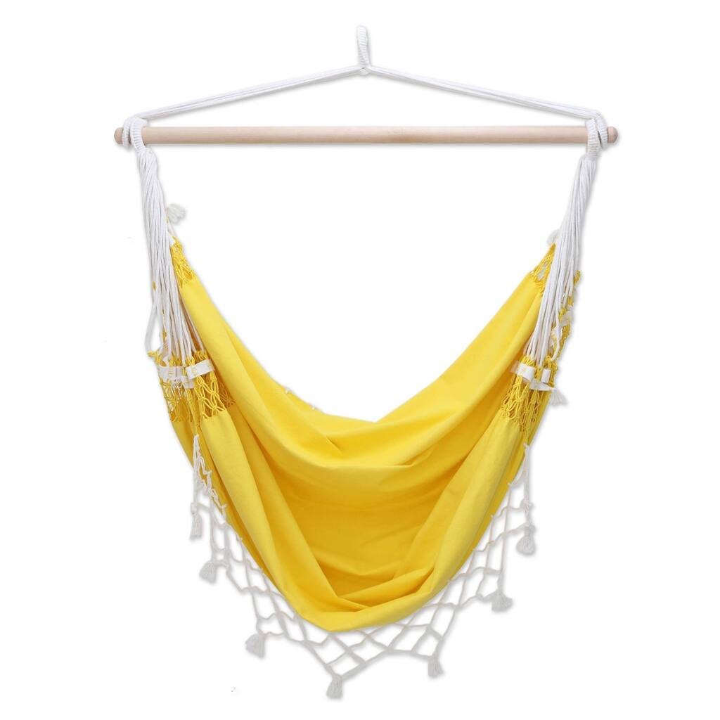 NOVICA Salvador Sun Outdoor Garden and Patio 100% Cotton Eco Friendly Yellow Hand Crocheted Macrame Edge Swing Chair Hammock