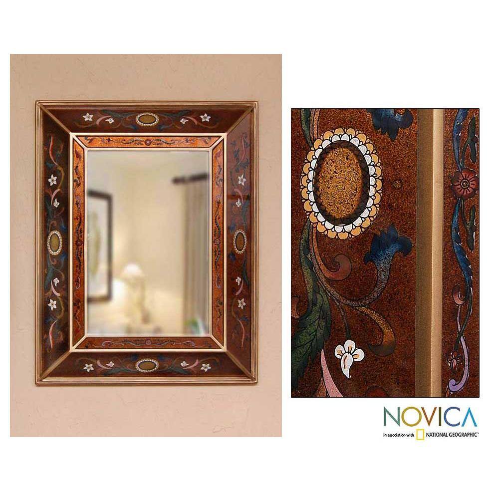 Handmade Glass 'Jewels' Mirror (Peru) - Antique Brown