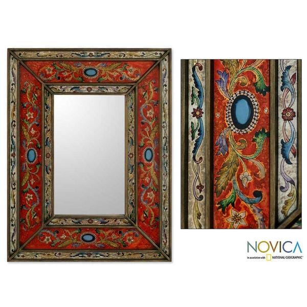Red Wall Mirror red cajamarca floral baroque multicolor reverse painted glass Red Wall Mirror red cajamarca floral baroque multicolor reverse painted glass