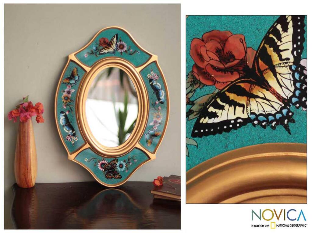 Handmade Glass 'Turquoise Butterfly' Mirror (Peru)