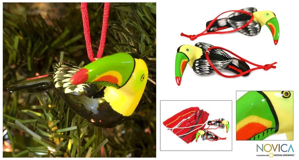 Set of 2 Handcrafted Ceramic 'Tropical Toucan' Ornaments (Guatemala)