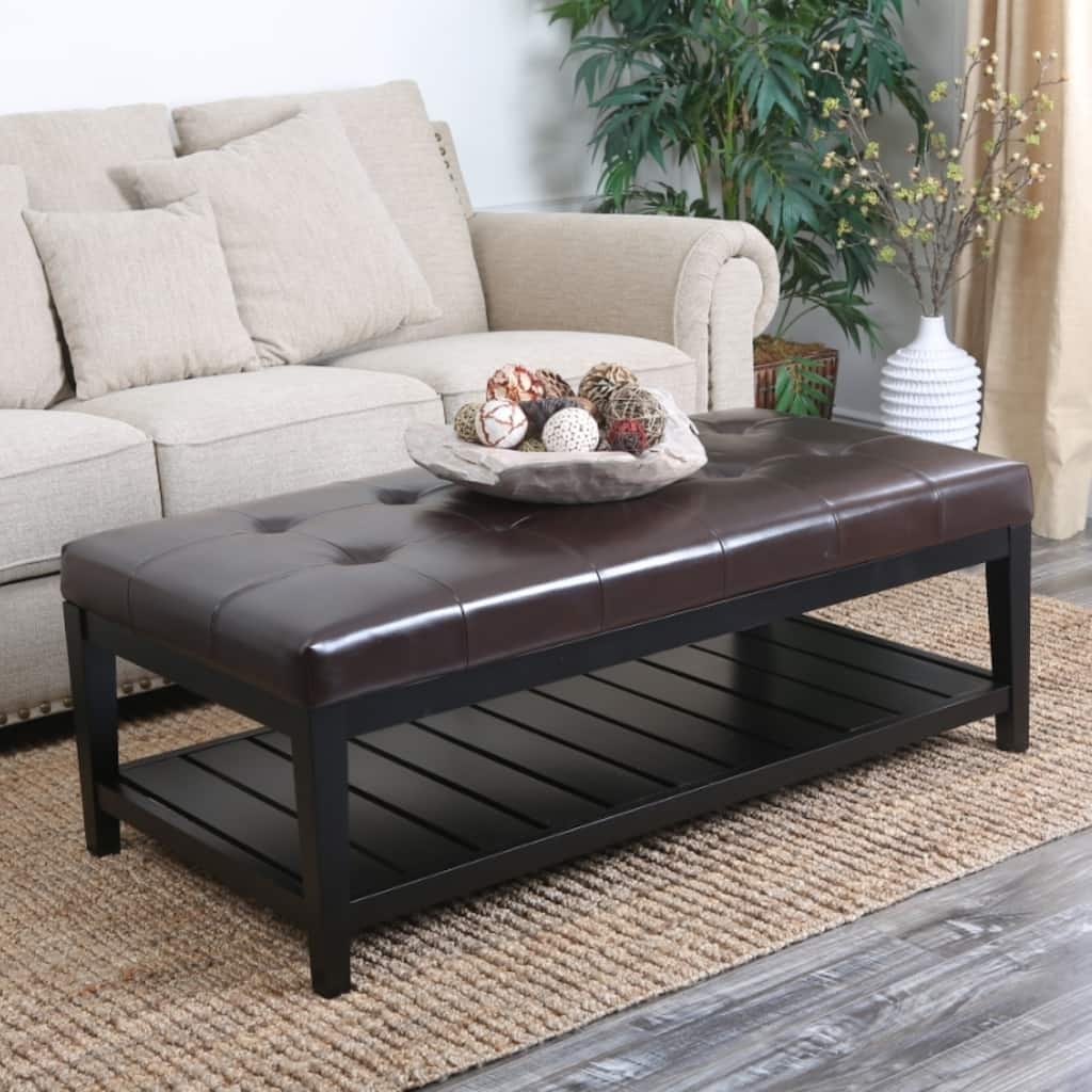 Abbyson Manchester Tufted Leather Coffee Table Ottoman