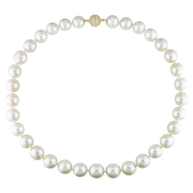 Miadora 14k Yellow Gold Graduated Pearl 1ct TDW Diamond Necklace (12-14 mm)(G-H, I1) - White - 12-14 mm