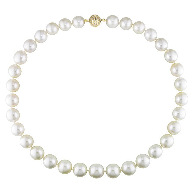 Miadora 14k Yellow Gold Graduated Pearl 1ct TDW Diamond Necklace (12-14 mm)(G-H, I1) - White - 12-14 mm