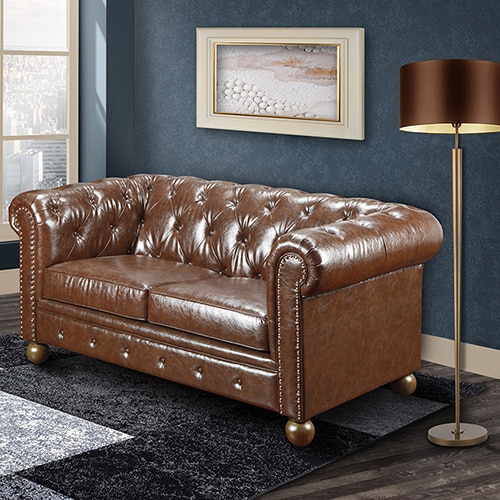 Mocha Tufted Leather Loveseat with Nailheads - Free Shipping Today ...