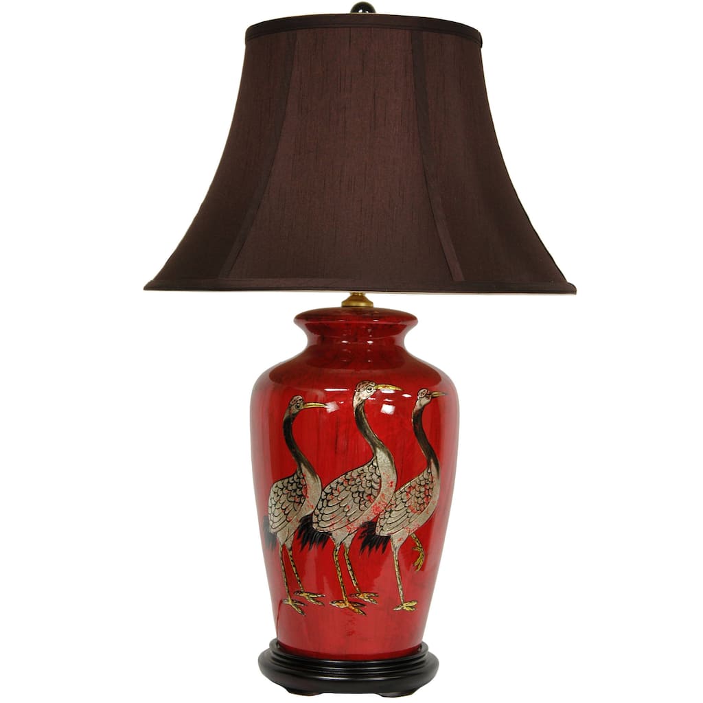 Handmade Red Crowned Cranes Porcelain Vase Lamp with Sateen Shade - 17"W x 17"D x 26"H