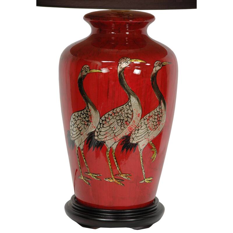 Handmade Red Crowned Cranes Porcelain Vase Lamp with Sateen Shade - 17"W x 17"D x 26"H