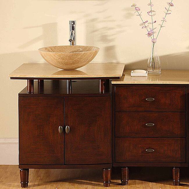 Silkroad Exclusive Travertine Stone Top 47-inch Bathroom Vessel Vanity Single Sink Cabinet