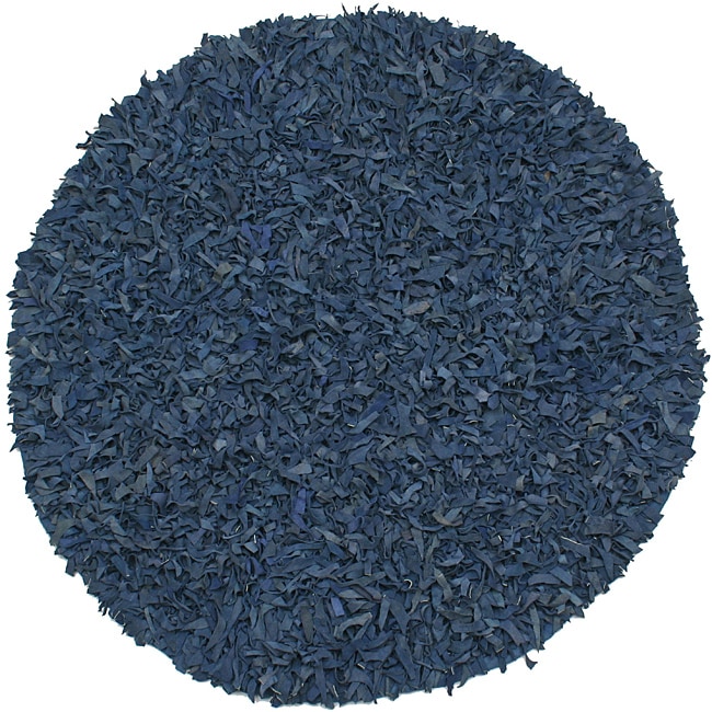 Hand Tied Pelle Blue Leather Shag Rug 6 X 6