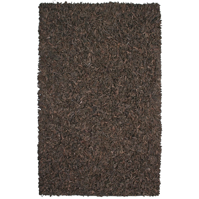 Hand Tied Pelle Dark Brown Leather Shag Rug 4 X 6