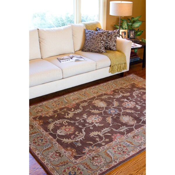 Hand tufted Traditional Jayawijaya Chocolate Floral Border Wool Rug (10' x 14')