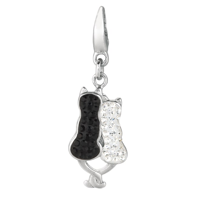 Sterling Silver Black and Clear Crystal Two Cats Charm  