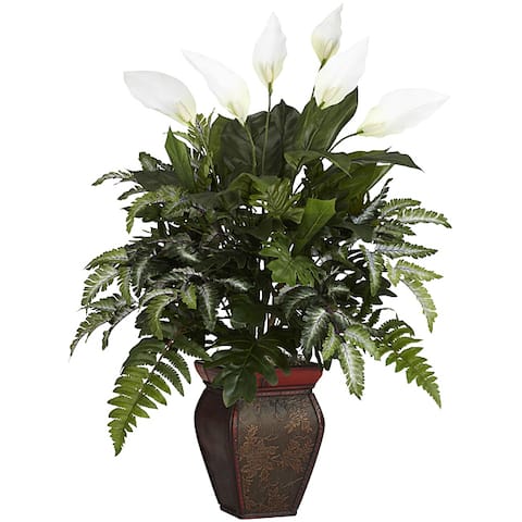 Mixed Greens and Spathyfillum & Decorative Vase Silk Plant