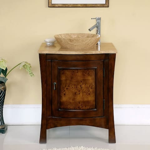Silkroad Exclusive 26-inch Travertine Stone Top Bathroom Vessel Vanity Lavatory Single Sink Cabinet