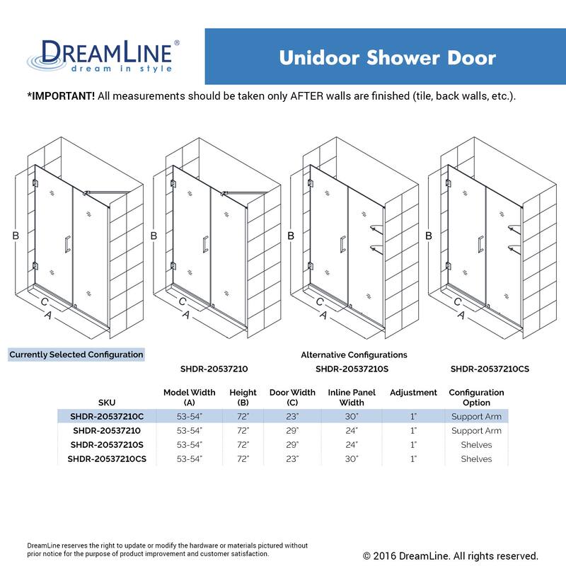 DreamLine Unidoor 53-54 in. W x 72 in. H Frameless Hinged Shower Door with Support Arm - 53" - 54" W