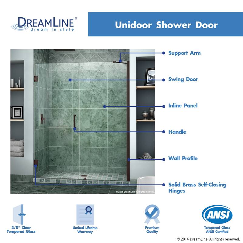 DreamLine Unidoor 53-54 in. W x 72 in. H Frameless Hinged Shower Door with Support Arm - 53" - 54" W