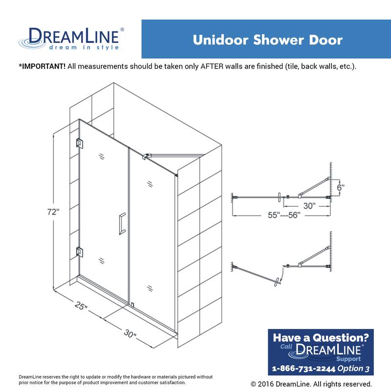 DreamLine Unidoor 53-54 in. W x 72 in. H Frameless Hinged Shower Door with Support Arm - 53" - 54" W