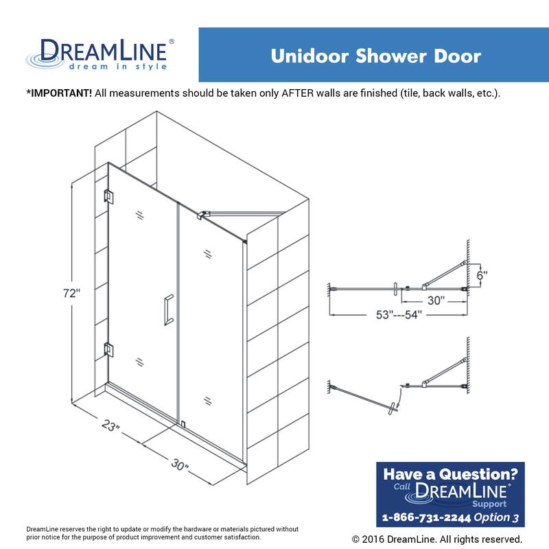DreamLine Unidoor 53-54 in. W x 72 in. H Frameless Hinged Shower Door with Support Arm - 53" - 54" W