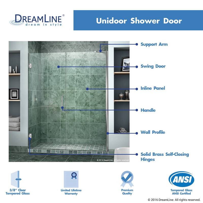 DreamLine Unidoor 53-54 in. W x 72 in. H Frameless Hinged Shower Door with Support Arm - 53" - 54" W