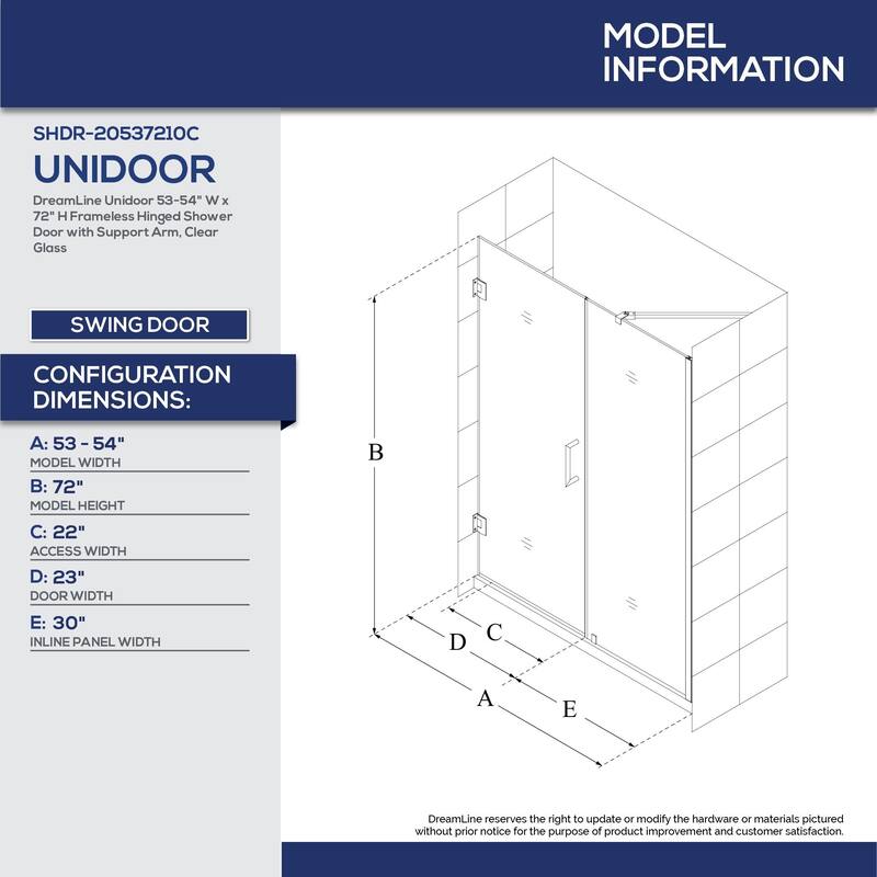 DreamLine Unidoor 53-54 in. W x 72 in. H Frameless Hinged Shower Door with Support Arm - 53" - 54" W
