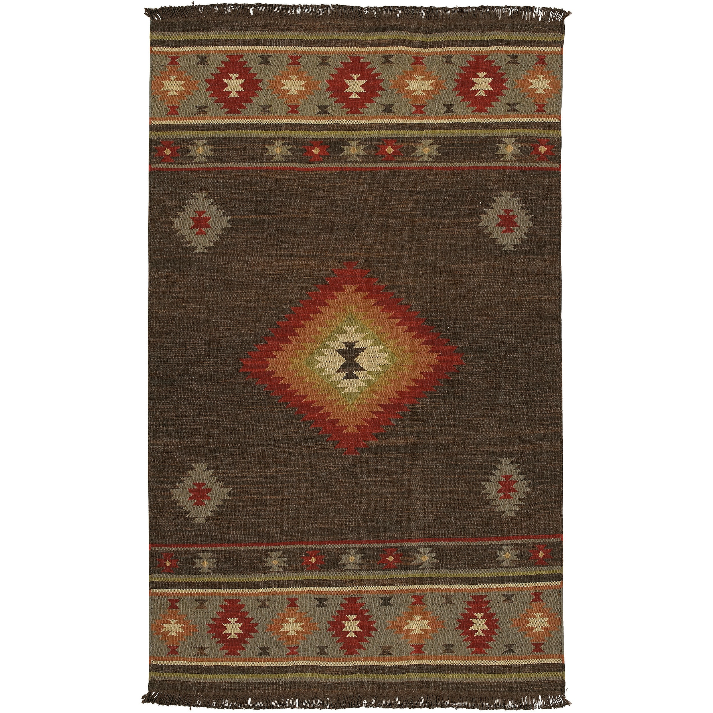 Handwoven Brown Southwestern Aztec Jewel Tone Wool Rug (8' x 11