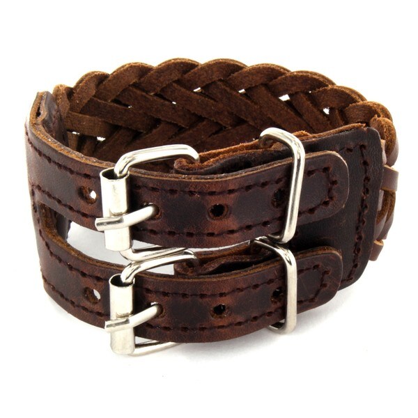 Brown Woven Leather Double Buckle Bracelet